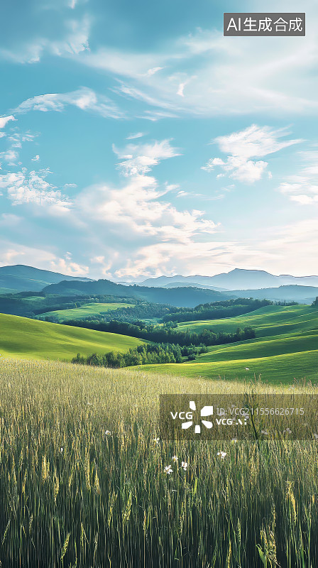 【AI数字艺术】蓝天下绿色山地与远方田园图片素材