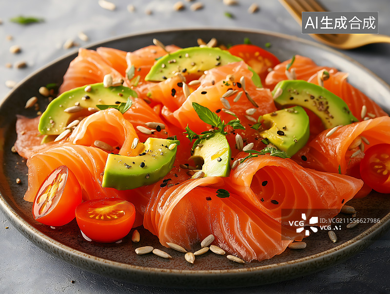 【AI数字艺术】餐桌上盘子里的三文鱼沙拉的高角度视图图片素材