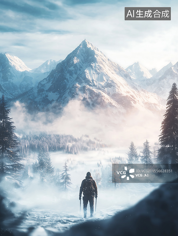 【AI数字艺术】站在白雪皑皑的山上的人的后视图，探险攀登者图片素材