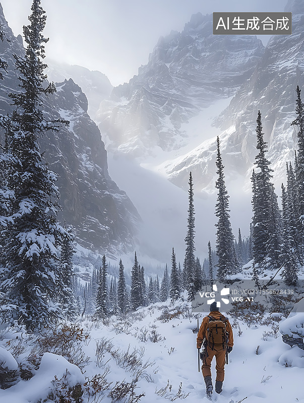【AI数字艺术】站在白雪皑皑的山上的人的后视图，探险攀登者图片素材