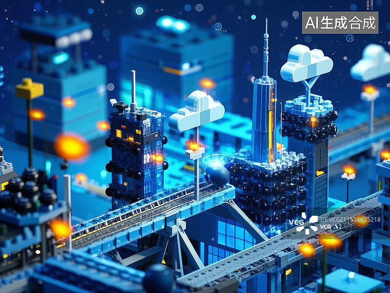 【AI数字艺术】原子积木城市 - 共价键纳米级摩天楼，碳原子蜂窝结构，氢键桥梁连接图片素材
