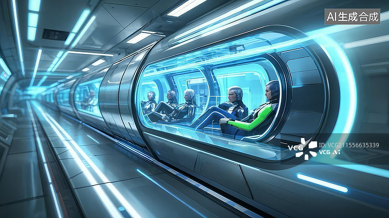 【AI数字艺术】超高速真空管道列车 - 胶囊型车厢设计，全息投影系统，发光能量带图片素材