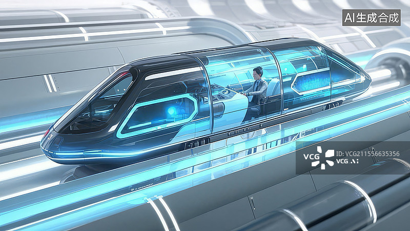 【AI数字艺术】超高速真空管道列车 - 胶囊型车厢设计，全息投影系统，发光能量带图片素材
