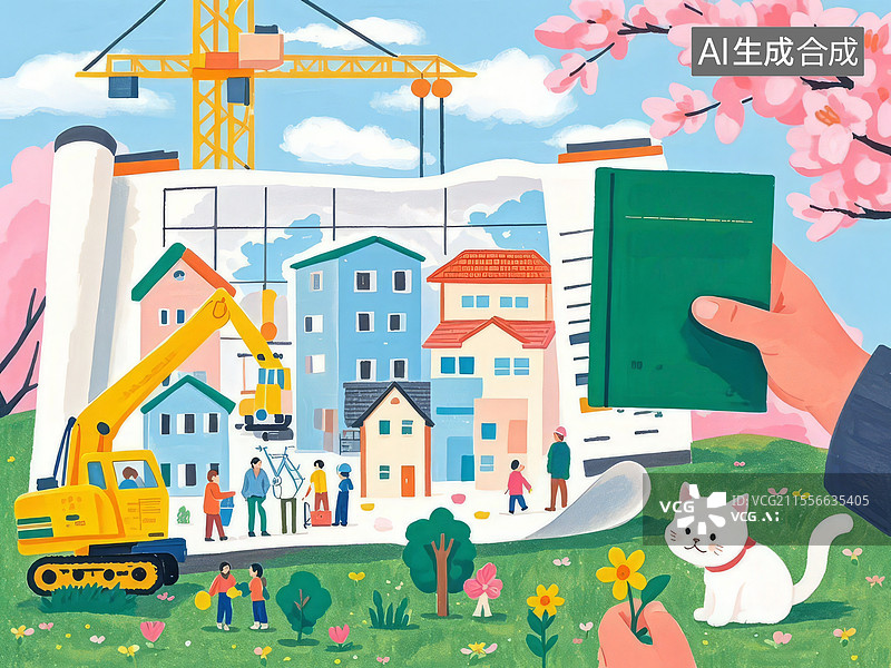 【AI数字艺术】住房保障安居图：浅灰与暖橙，建筑吊机与“收购存量房”流程图的未来安居愿景图片素材
