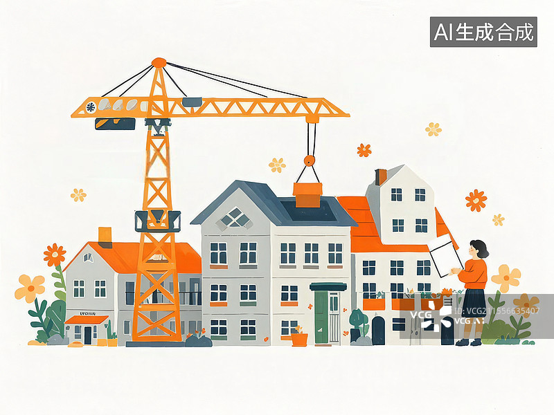 【AI数字艺术】住房保障安居图：浅灰与暖橙，建筑吊机与“收购存量房”流程图的未来安居愿景图片素材