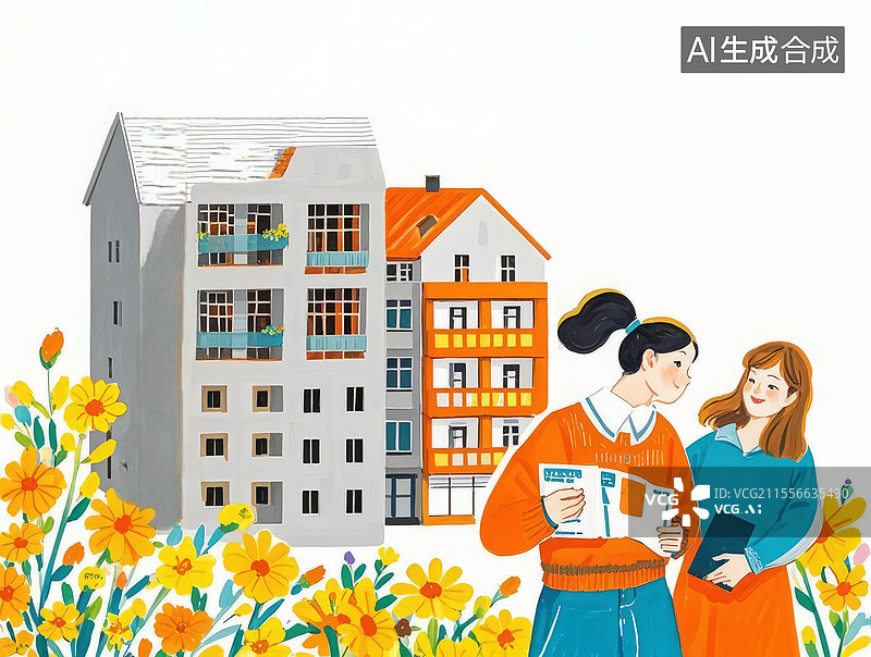 【AI数字艺术】住房保障安居图：浅灰与暖橙，建筑吊机与“收购存量房”流程图的未来安居愿景图片素材