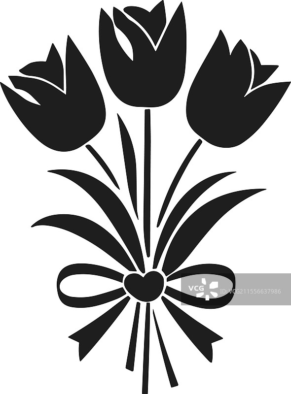 优雅的花卉花束剪影与心形蝴蝶结图片素材