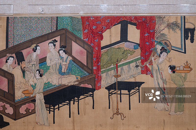 天津博物馆 世情万象 明清画境中的众生百态 明 唐寅 唐伯虎 韩熙载夜宴图卷  重庆中国三峡博物馆藏图片素材