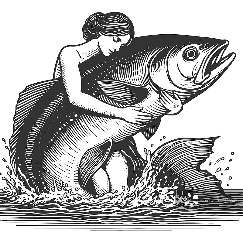 性感女郎拥抱巨型鱼图片素材