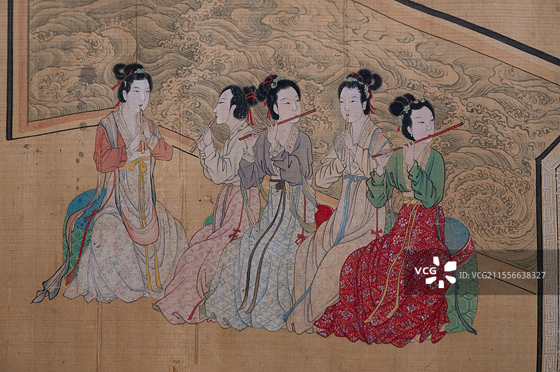 天津博物馆 世情万象 明清画境中的众生百态 明 唐寅 唐伯虎 韩熙载夜宴图卷  重庆中国三峡博物馆藏图片素材