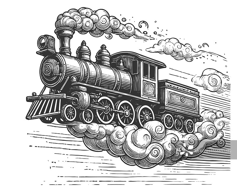 蒸汽火车在云中飞行图片素材