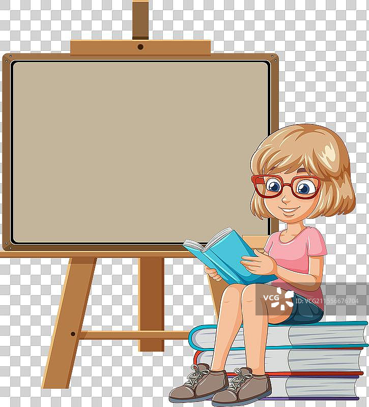 卡通女孩在空白画布旁阅读书籍图片素材