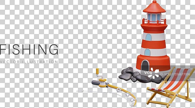 逼真的条纹灯塔与折叠钓鱼器具图片素材
