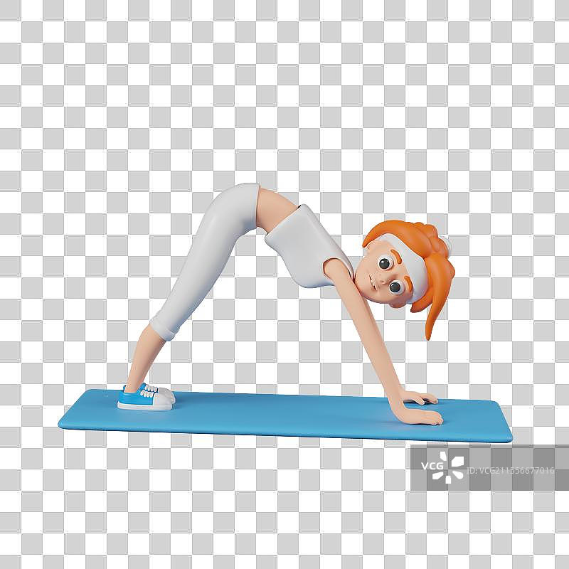 红发女性站在向下犬式瑜伽姿势中图片素材