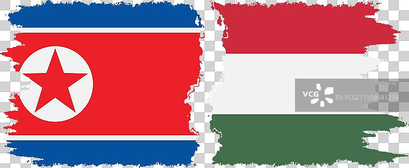 匈牙利和朝鲜的破旧旗帜连接图片素材