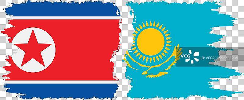 哈萨克斯坦和朝鲜的破旧旗帜连接图片素材