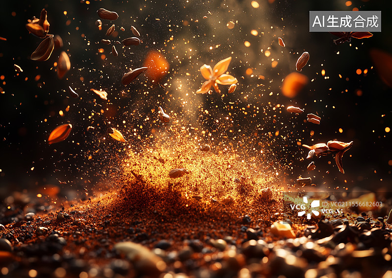 【AI数字艺术】炸裂散开的多种调味料图片素材