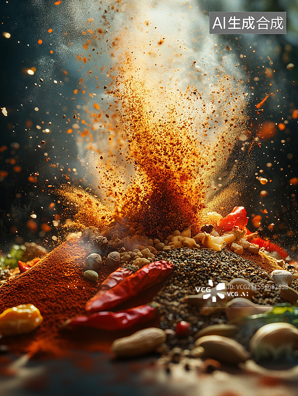 【AI数字艺术】炸裂散开的多种调味料图片素材