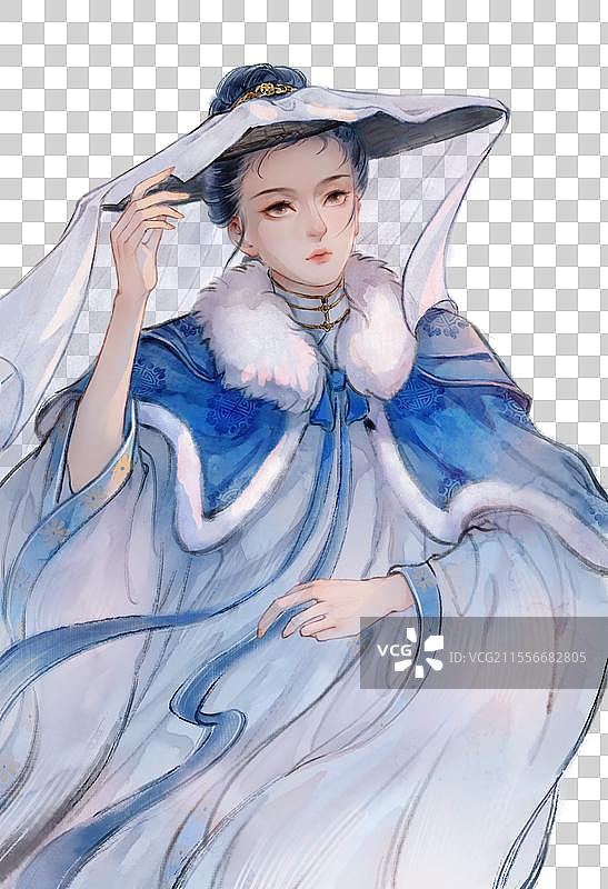 古风水墨人物半身-戴斗笠的女子在看雪图片素材