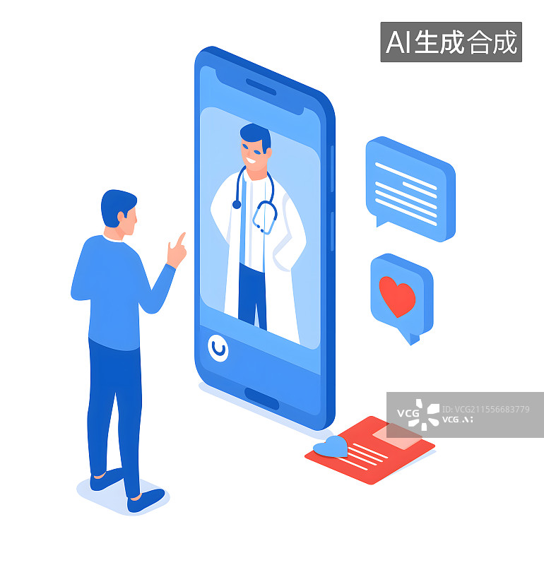【AI数字艺术】远程线上医疗问诊医生扁平插画图片素材