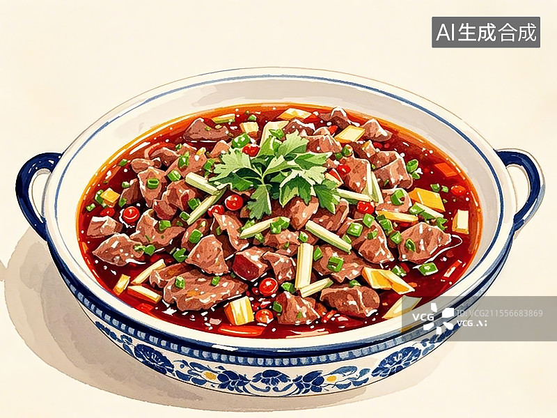 【AI数字艺术】水煮牛肉，手绘画风格图片素材