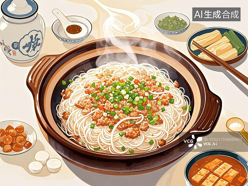 【AI数字艺术】肉末粉丝煲，手绘画风格图片素材