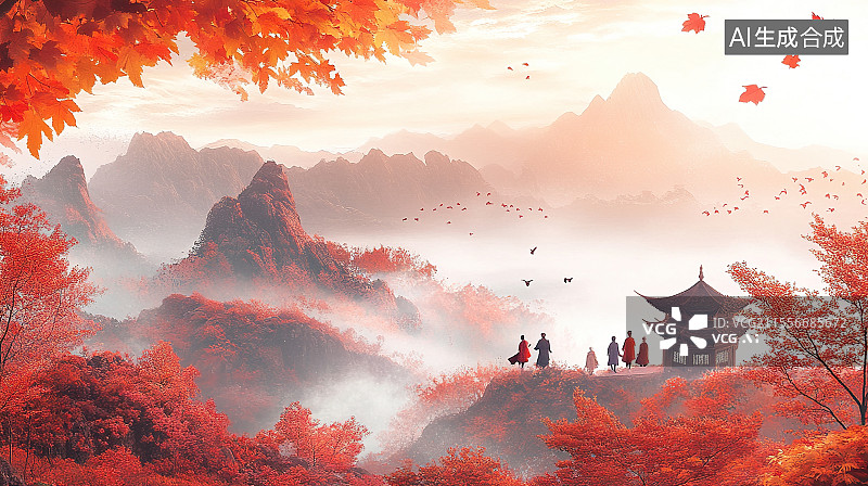 【AI数字艺术】重阳节漫山红叶老人夫妇携手登高远眺图片素材