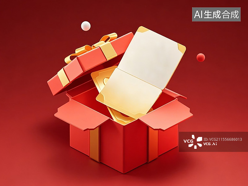 【AI数字艺术】一个打开的红色礼物盒子和飞出的金色代金券的组合图片素材