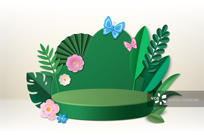 3D绿色叶子产品展示台用于工作室图片素材