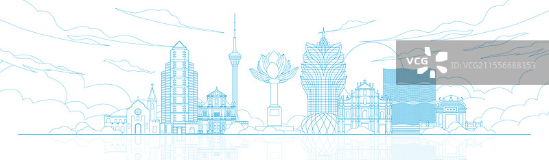 蓝色澳门城市建筑现代科技线稿矢量插画图片素材
