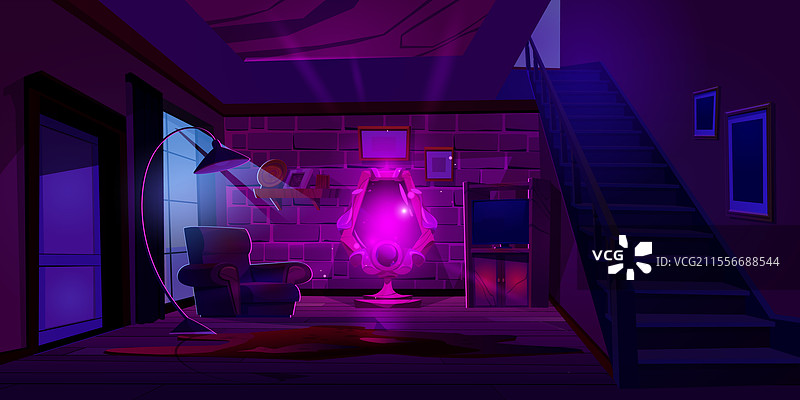 夜晚的家居大厅，配有神奇的粉色镜子图片素材