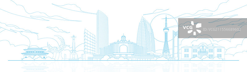 蓝色长春城市建筑现代科技线稿矢量插画图片素材