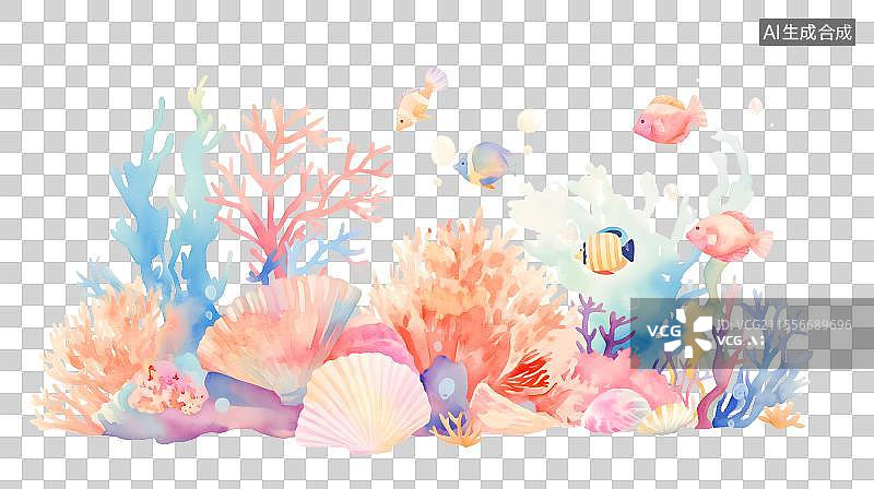 【AI数字艺术】海底世界珊瑚海草贝壳鱼水彩插画图片素材