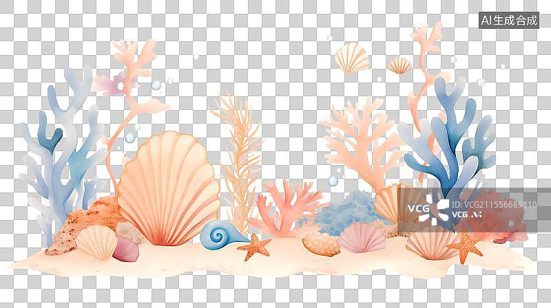 【AI数字艺术】海底世界珊瑚海草贝壳鱼水彩插画图片素材