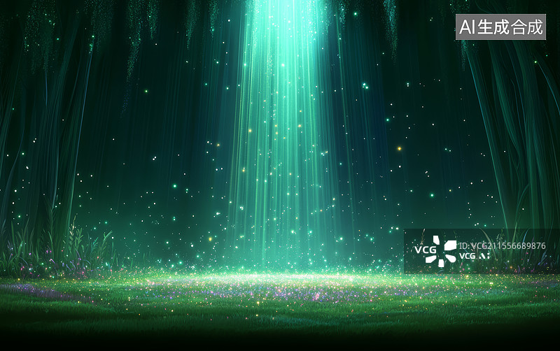 【AI数字艺术】发光草地萤火虫夜景插画背景图片素材