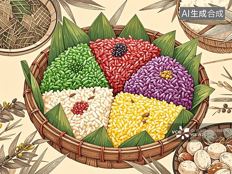 【AI数字艺术】传统美食壮族五色糯米饭（植物染色的节庆花饭）图片素材