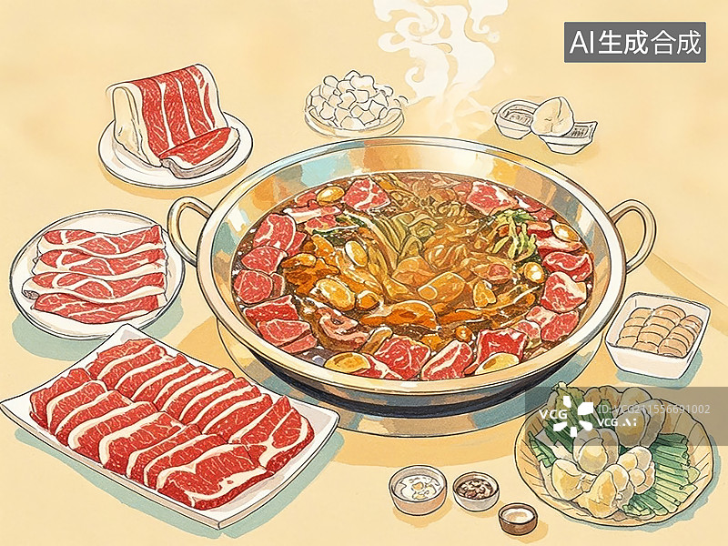 【AI数字艺术】传统美食广东潮汕牛肉火锅（现切牛肉分部位涮煮）图片素材