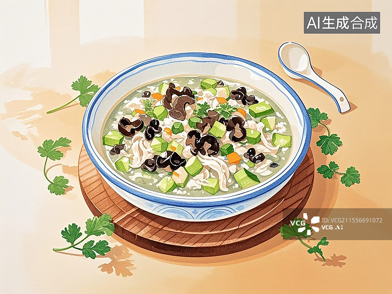 【AI数字艺术】传统美食广东顺德拆鱼羹（鱼茸、木耳、丝瓜烩成浓汤）图片素材