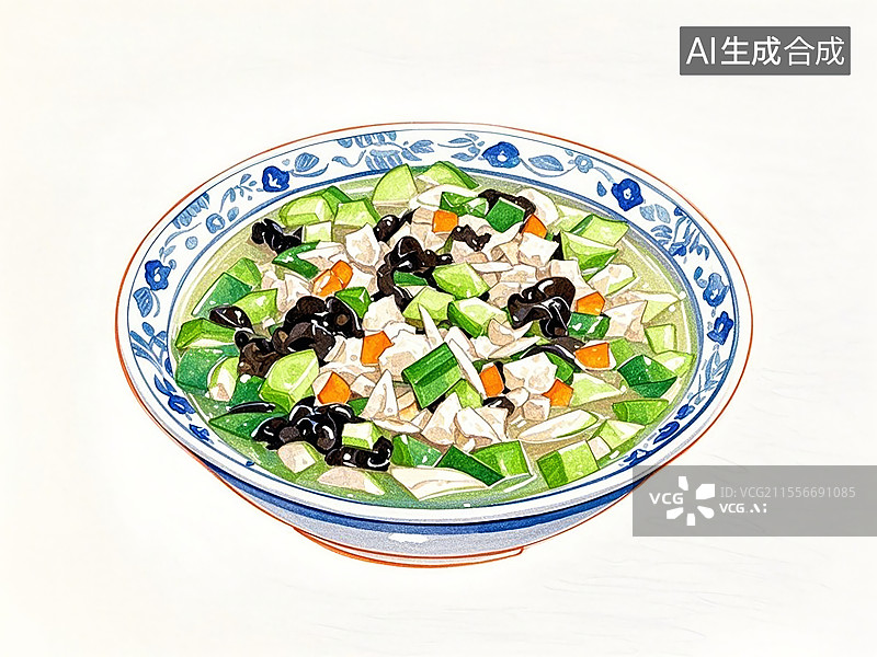 【AI数字艺术】传统美食广东顺德拆鱼羹（鱼茸、木耳、丝瓜烩成浓汤）图片素材