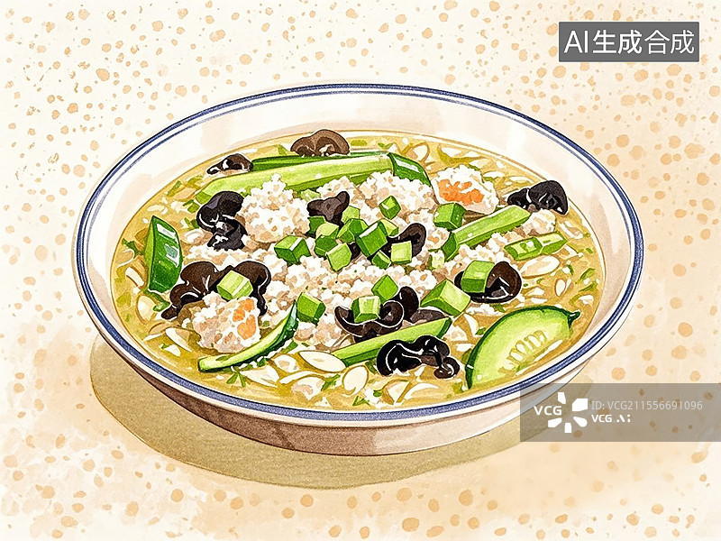 【AI数字艺术】传统美食广东顺德拆鱼羹（鱼茸、木耳、丝瓜烩成浓汤）图片素材