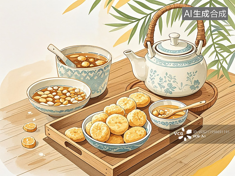 【AI数字艺术】传统美食广西恭城油茶（瑶族特色“打油茶”，姜茶配炸米果）图片素材