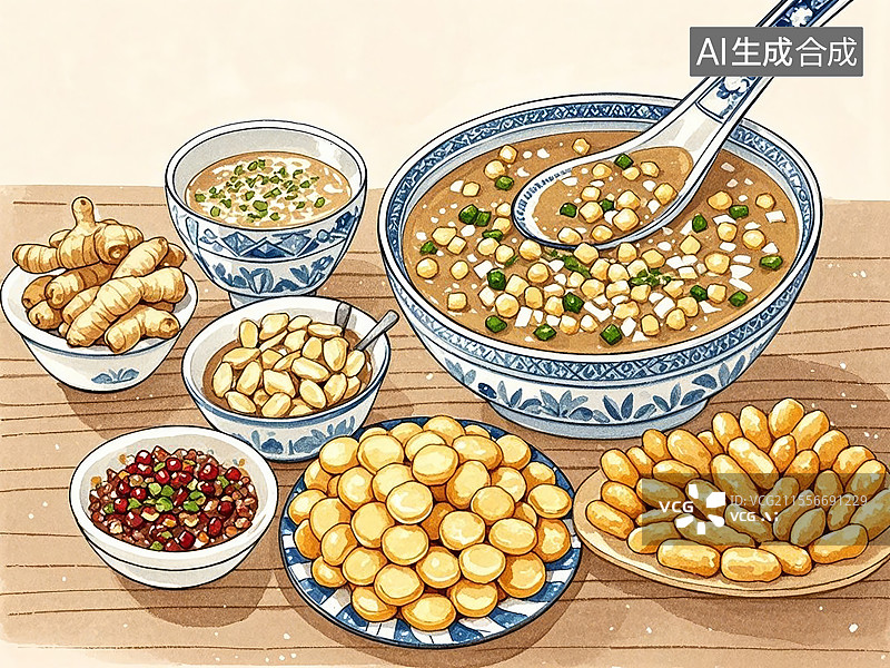 【AI数字艺术】传统美食广西恭城油茶（瑶族特色“打油茶”，姜茶配炸米果）图片素材