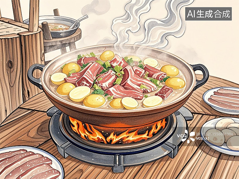 【AI数字艺术】传统美食恩施土家腊蹄子火锅（烟熏猪蹄炖高山土豆）图片素材