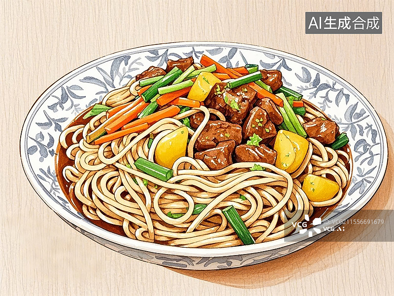 【AI数字艺术】传统美食新疆托克逊拌面（“西游古道”拉条子配过油肉）图片素材