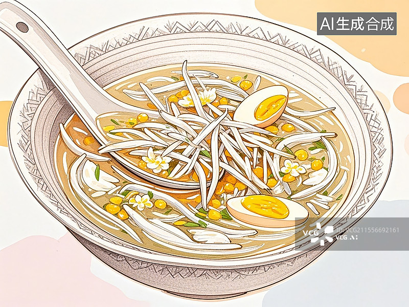 【AI数字艺术】传统美食江西鄱阳湖银鱼羹（淡水银鱼配蛋花炖汤）图片素材
