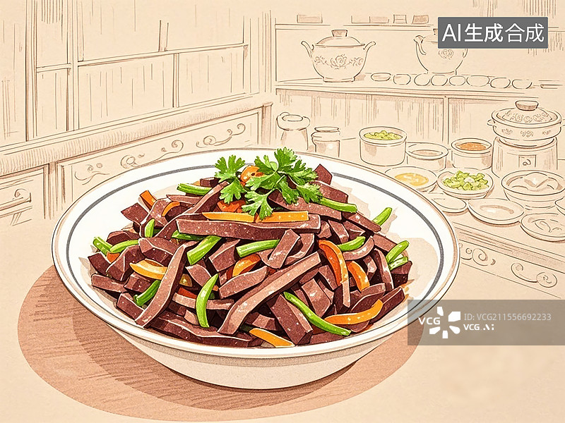【AI数字艺术】传统美食河北正定崩肝（牛肝切丝爆炒，非遗小吃）图片素材