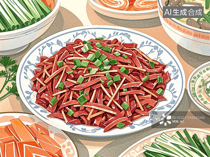 【AI数字艺术】传统美食河北正定崩肝（牛肝切丝爆炒，非遗小吃）图片素材