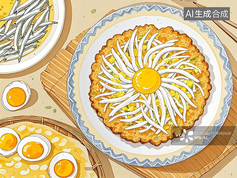 【AI数字艺术】传统美食洞庭湖银鱼煎蛋（淡水银鱼配土鸡蛋香煎）图片素材