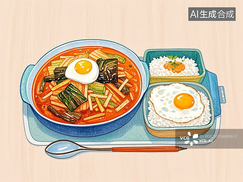 【AI数字艺术】传统美食泡菜汤 + 米饭 + 煎蛋图片素材