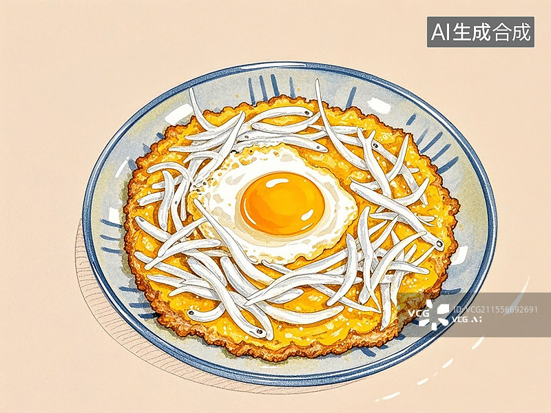 【AI数字艺术】传统美食洞庭湖银鱼煎蛋（淡水银鱼配土鸡蛋香煎）图片素材